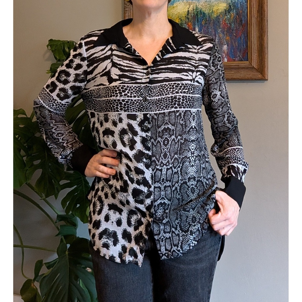 Mishca Long Sleeve Shirt M Black White Animal Print SHEER Artistic Flowy Tunic